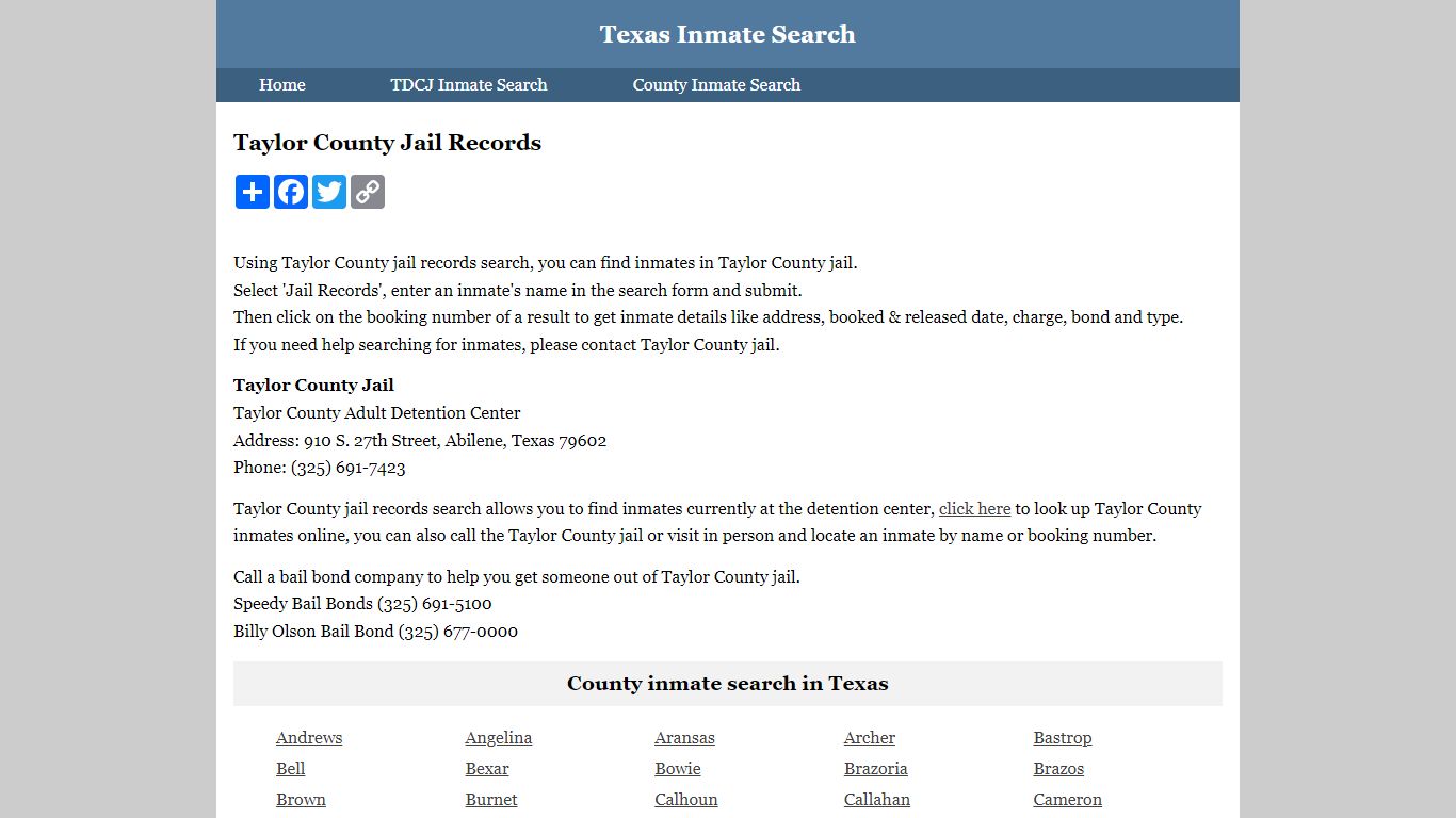 Taylor County Jail Records - Texas Inmate Search